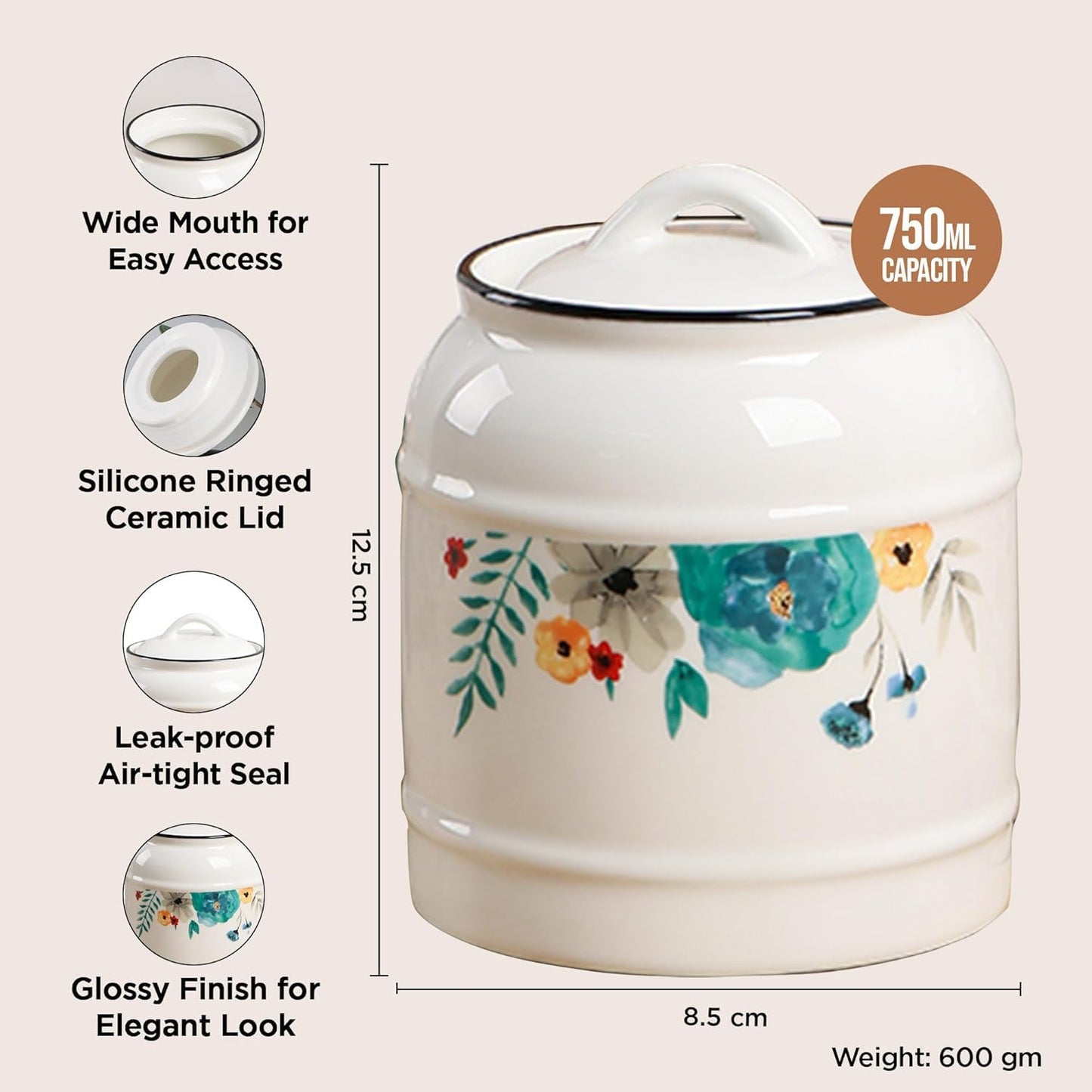 Ekhasa Ceramic Jar with Lid for Multipurpose Kitchen Storage (750 ml, White) | Airtight Container Storage Jar for Kitchen | Tea, Coffee, Sugar, Snacks, Salt Container | Pickle Storage Barni Jars