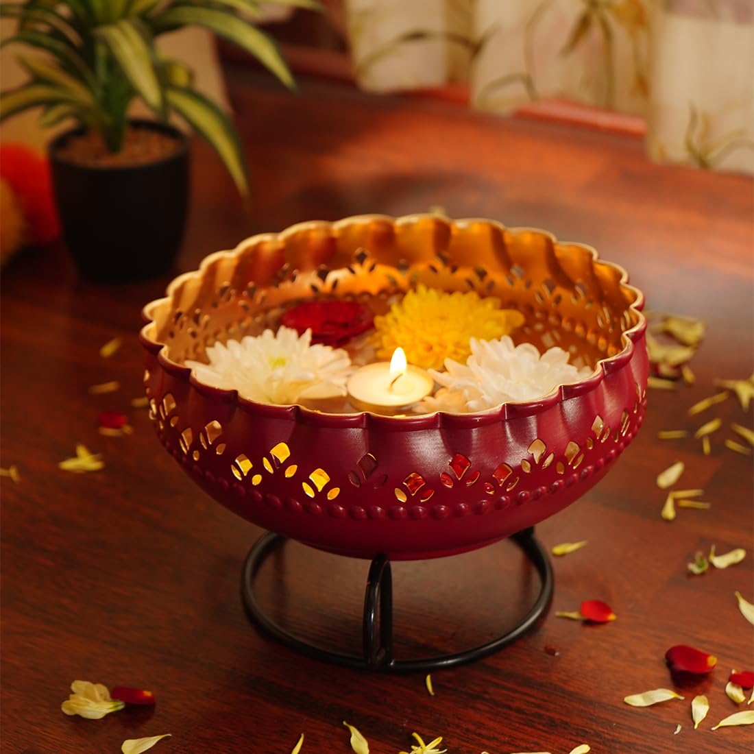 Ekhasa Maroon Urli Bowl with Stand for Home Decor & Table Decoration | Floating Flowers, Tealight Candles Water Bowl for Diwali Pooja and Other Festivals | Gift for Various Occasions