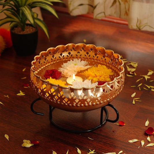 Ekhasa Gold Urli Bowl with Stand for Home Decor & Table Decoration | Floating Flowers, Tealight Candles Water Decoration Bowl for Diwali Pooja and Other Festivals | Gift for Various Occasions