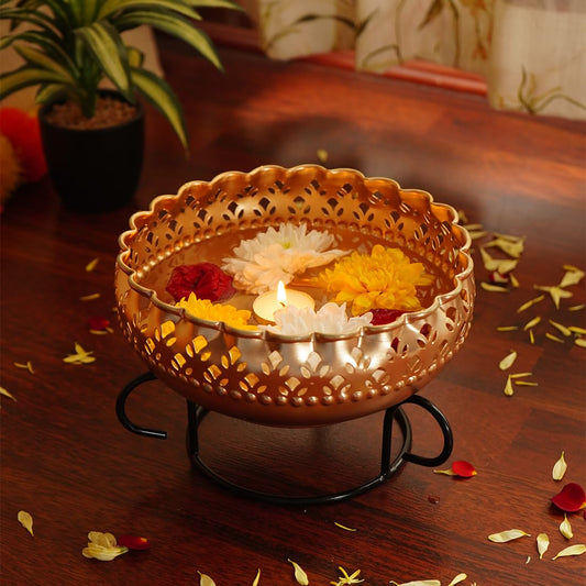 Ekhasa Gold Urli Bowl with Stand for Home Decor & Table Decoration | Floating Flowers, Tealight Candles Water Bowl for Diwali Pooja and Other Festivals | Gift for Various Occasions