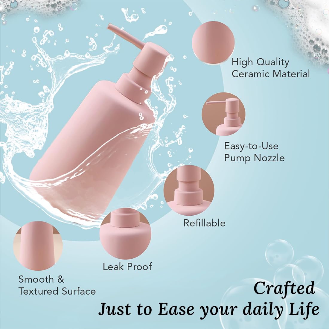 Ekhasa Ceramic Handwash Dispenser Bottle (260ml, Pink, Set of 2) | Liquid Soap Dispenser for Bathroom, Wash Basin & Kitchen | Bathroom Sanitizer, Lotion, Shampoo Dispenser | Hand Wash Dispensers Pump