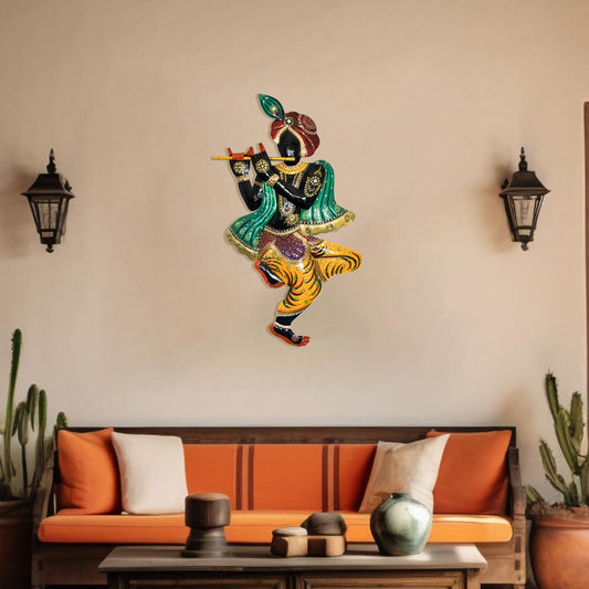 Ekhasa Krishna Metal Wall Hanging Decoration Item For Living Room, Bedroom | Rajasthani Wall Art Sculpture For Wall Decor - 52 Cm