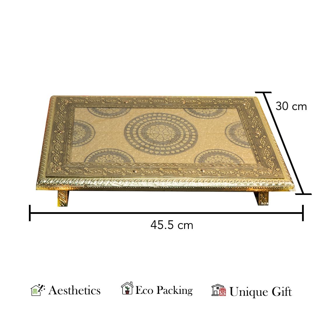Ekhasa Wooden Chowki for Puja with Brass Sheet (18 * 12 Inch)|Rectangular Ideal Pooja Table for Home|Bajot for God Idols|Diwali Decorations Items for Home|Wooden Chowki for Sitting