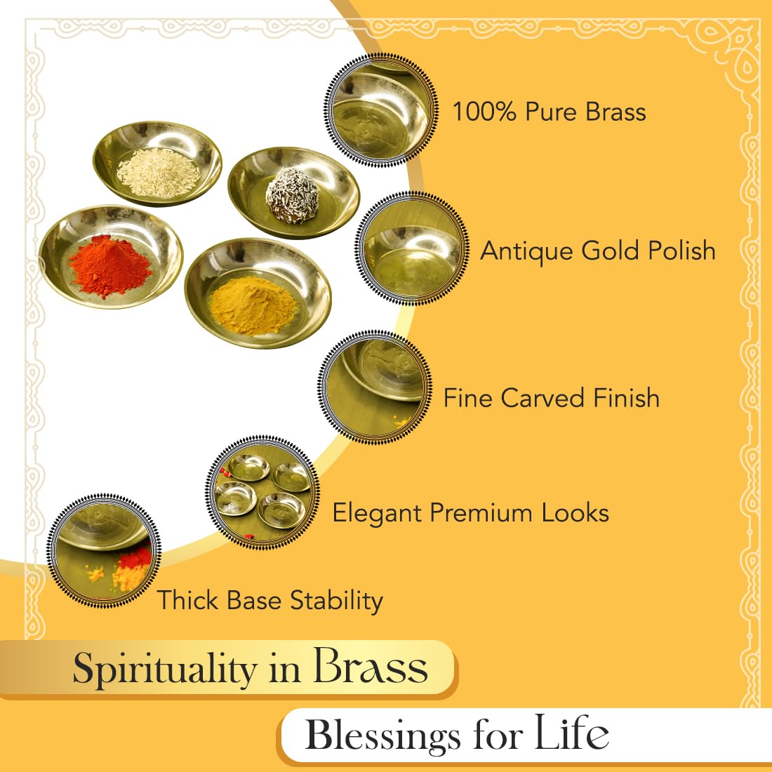 Ekhasa Pure Brass Thali for Pooja | Small Multipurpose Prasadam Plates for Pooja | Brass Plate for Prasad | Pooja Items Peetal Plate (Set of 4) | Pital Diya Roli Chawal Kumkum Thalis for Puja