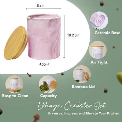 Ekhasa Ceramic Jar with Bamboo Lid for Multipurpose Kitchen Storage (400 ml, Pink) | Airtight Container Storage Jar for Kitchen | Tea, Coffee, Sugar, Snacks, Salt Container | Pickle Storage Barni