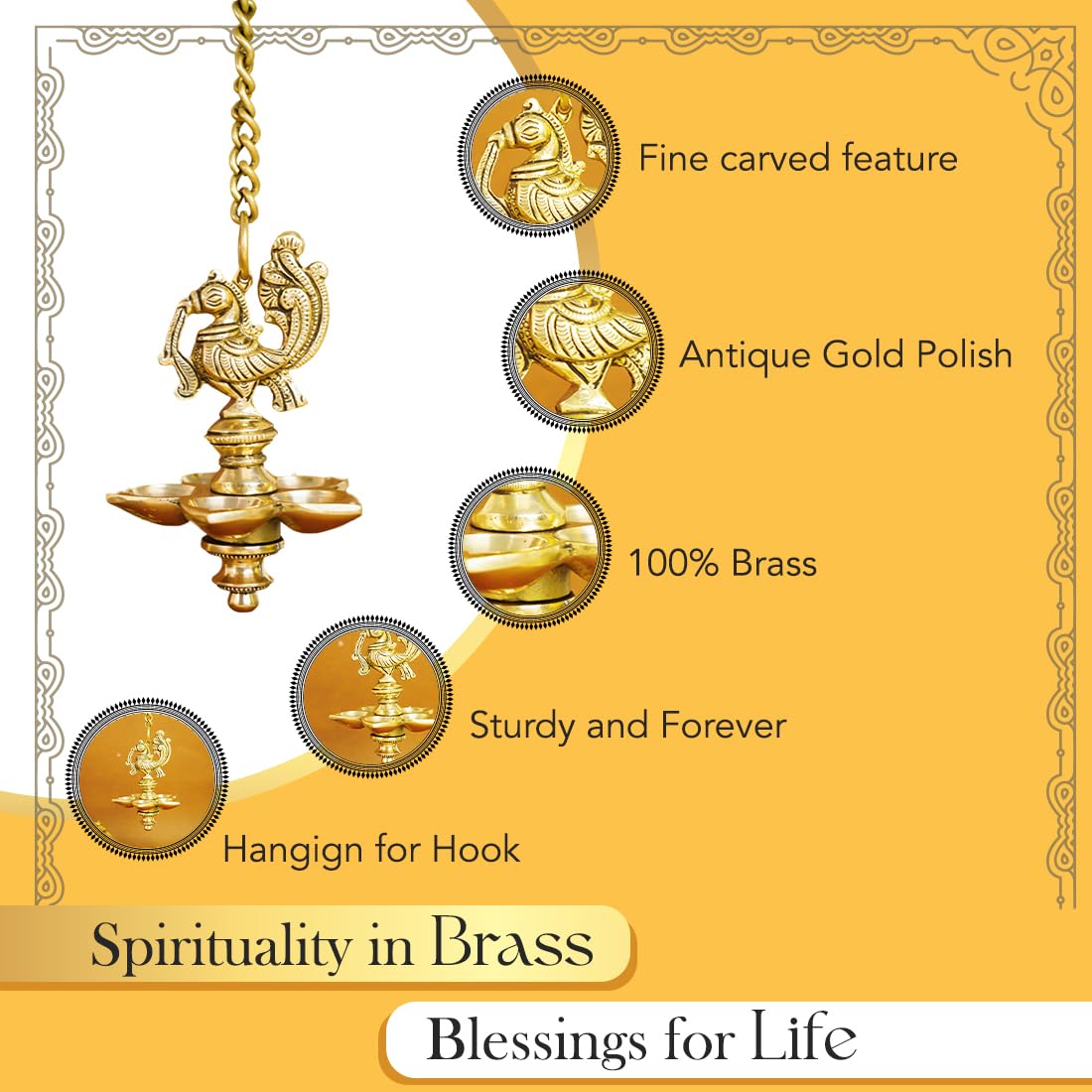 Ekhasa 100% Pure Brass Peacock Hanging Diya for Puja | Diyas for Home Decoration | Pital Deepam for Pooja | Brass Oil Lamps | Agal Vilakku for Pooja | Puja Diya for Home Mandir | Deepak Kundulu