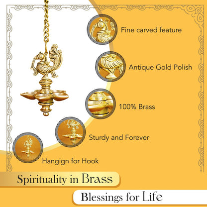 Ekhasa 100% Pure Brass Peacock Hanging Diya for Puja | Diyas for Home Decoration | Pital Deepam for Pooja | Brass Oil Lamps | Agal Vilakku for Pooja | Puja Diya for Home Mandir | Deepak Kundulu