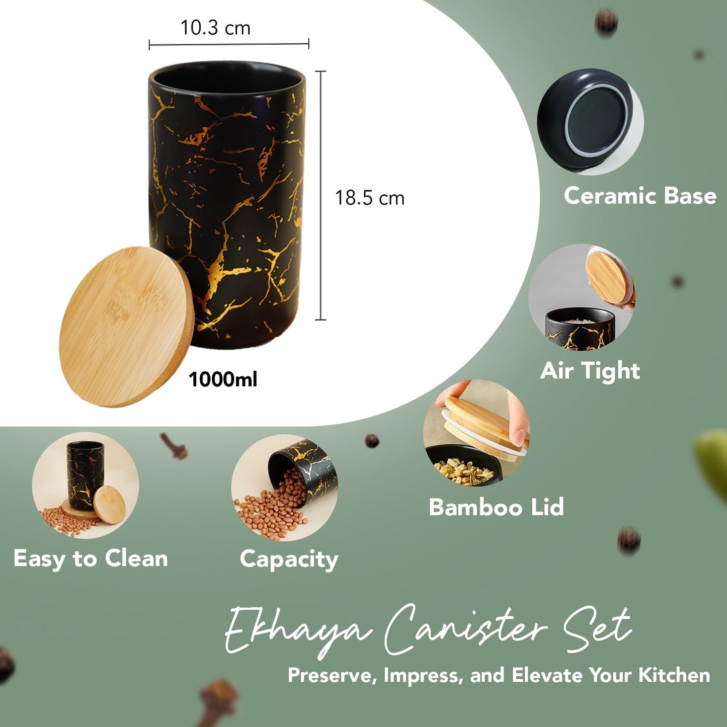 Ekhasa Ceramic Jar with Bamboo Lid for Multipurpose Kitchen Storage (1000ml, Black) | Airtight Storage Jar for Kitchen | Tea, Coffee, Sugar, Snacks, Salt Container | Pickle Storage Barni