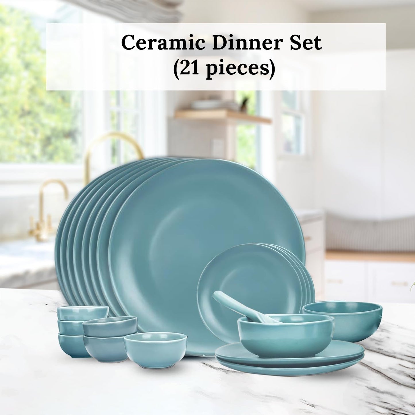 Ekhasa Ceramic Dinner Set (21 pcs, Microwave safe, Chip Resistant, Blue, Damage-Proof Packaging) | Crockery Set Dinner Set | Ceramic Dinner Plates | Stoneware Dinner Set | Porcelain Dinner Set Gift