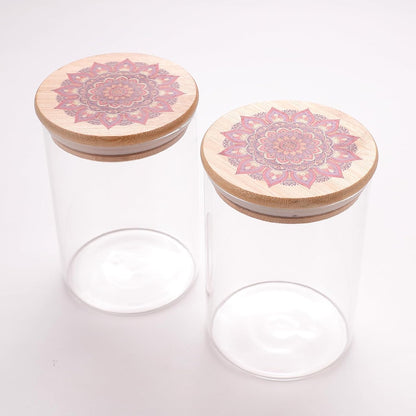 Ekhasa Airtight 100% Borosilicate Glass Jars with Printed Bamboo Lid (Set of 2, 600ml) | Glass Container for Kitchen Storage | Kitchen Containers Set Glass | Air Tight Glass Jar with Wooden Lid