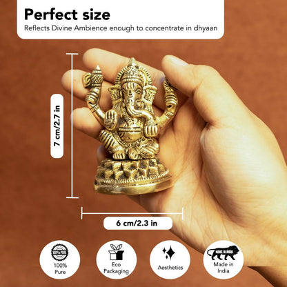 Ekhasa 100% Pure Brass Ganesha Idol (Size: 8.4 cm) | Pital Ganesh Murti for Pooja Room, Home Decor, Office Desk and Car Dashboard | Vinayagar Statue for Diwali Puja