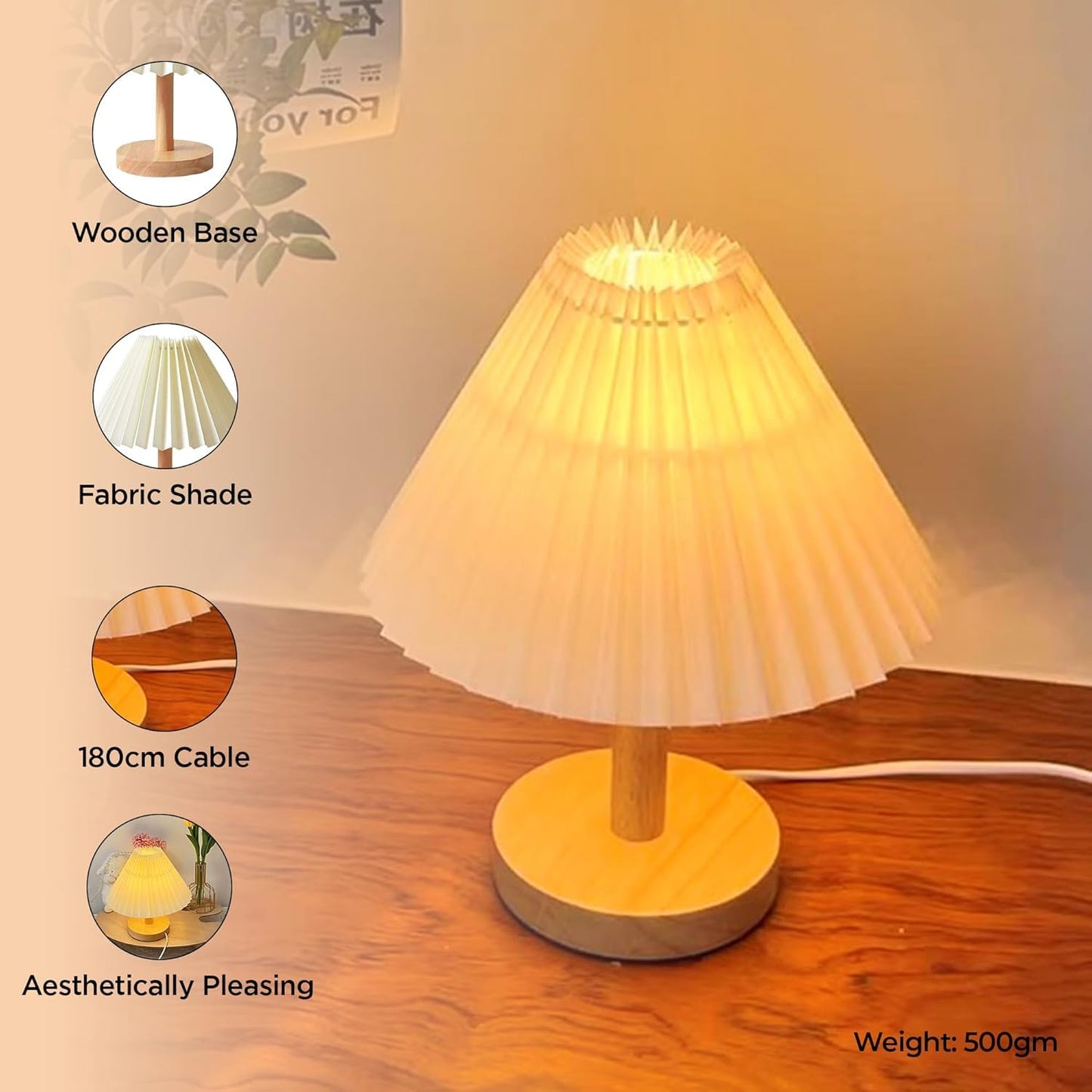 Ekhasa Wooden Dimmable Bedside Lamp | Table Lamps for Home Decoration with Fabric Shade | Wooden Base Side Table Lamp for Living Room | Bed Side Lamp | Aesthetic Night Bed Lamps for Bedroom