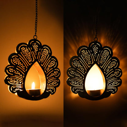 Ekhasa Hanging Tealight Candle Holder for Home Decor | Perfect Candle Holder for Wall Hanging Decor | Indoor & Outdoor, Festival Decorative Candles Gift Items (Set of 2) (Black Peacock)