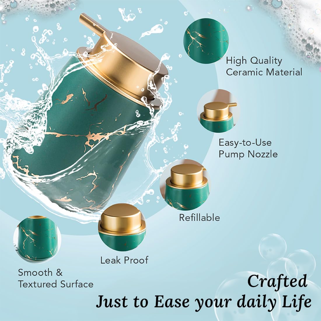 Ekhasa Ceramic Handwash Dispenser Bottle (400ml, Green, Set of 2) | Liquid Soap Dispenser for Bathroom, Wash Basin & Kitchen | Bathroom Sanitizer, Lotion, Shampoo Dispenser | Hand Wash Dispensers Pump