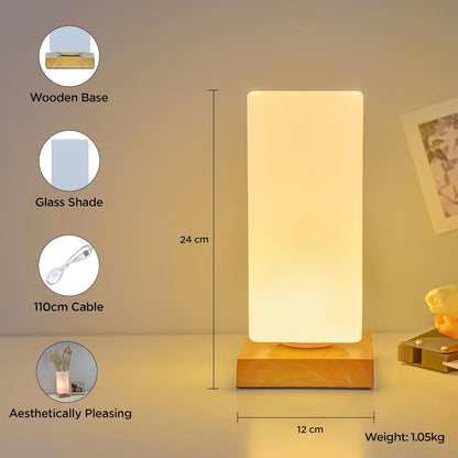 Ekhasa Wooden Dimmable Bedside Lamp | Table Lamps for Home Decoration with Diffused Glass Shade | Side Table Lamp for Living Room | Bed Side Lamp for Bedroom | Aesthetic Night Bed Lamps for Bedroom