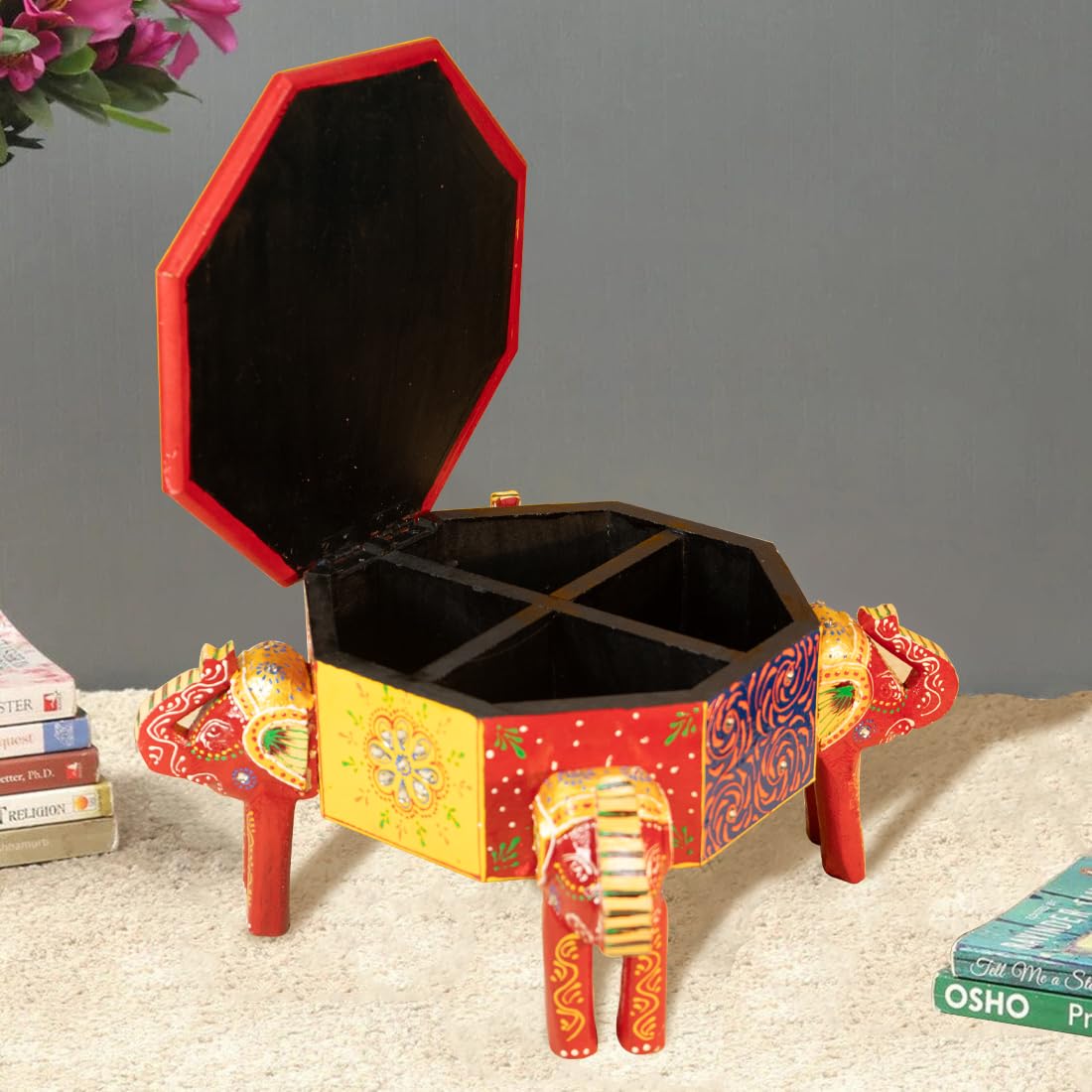 Ekhasa 100% Wooden Elephant Stool with Storage for Home Decor | Handpainted Elephant Stool for Pooja, Living Room, Balcony | Elephant Stool for Kids | Moodas or Machiya for Sitting (Mango Wood)