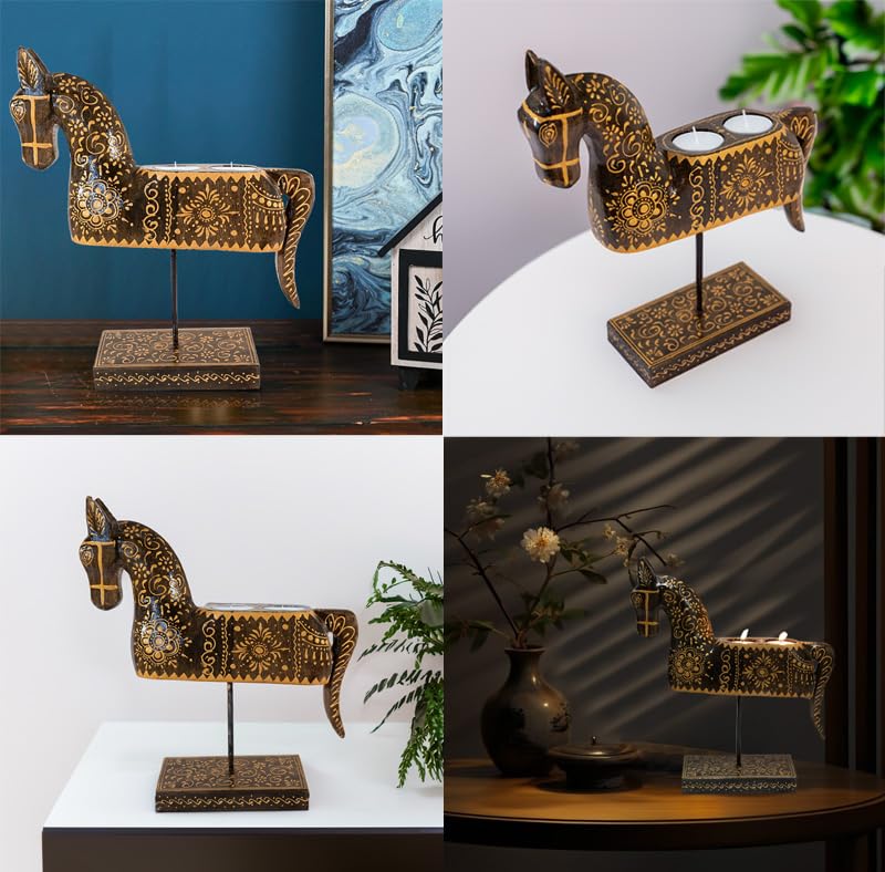 Ekhasa Tealight Candle Holder for Home Decor | Perfect Candle Stand for Diwali Decoration and Table Decor | Indoor & Outdoor, Festival & Parties Decorative Candles Gift Item (Handpainted Wooden Horse)