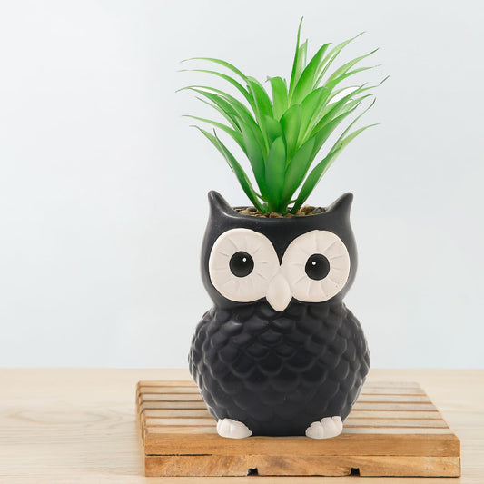 Ekhasa Pineapple Leaf Artificial Plant for Home Decor with Owl Designer Pot (12 CM) | Fake Faux False Show Decor Indoor Plastic Small Decorative Potted Green Plant for Decoration