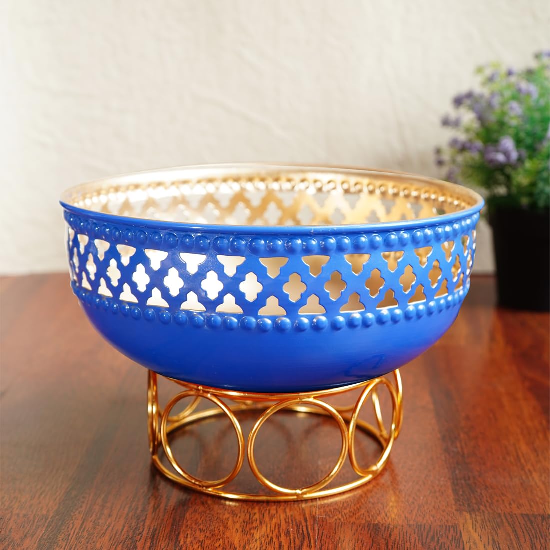 Ekhasa Blue Urli Bowl with Stand for Home Decor & Table Decoration | Floating Flowers, Tealight Candles Water Bowl for Diwali Pooja & Other Festivals | Gift for Various Occasions