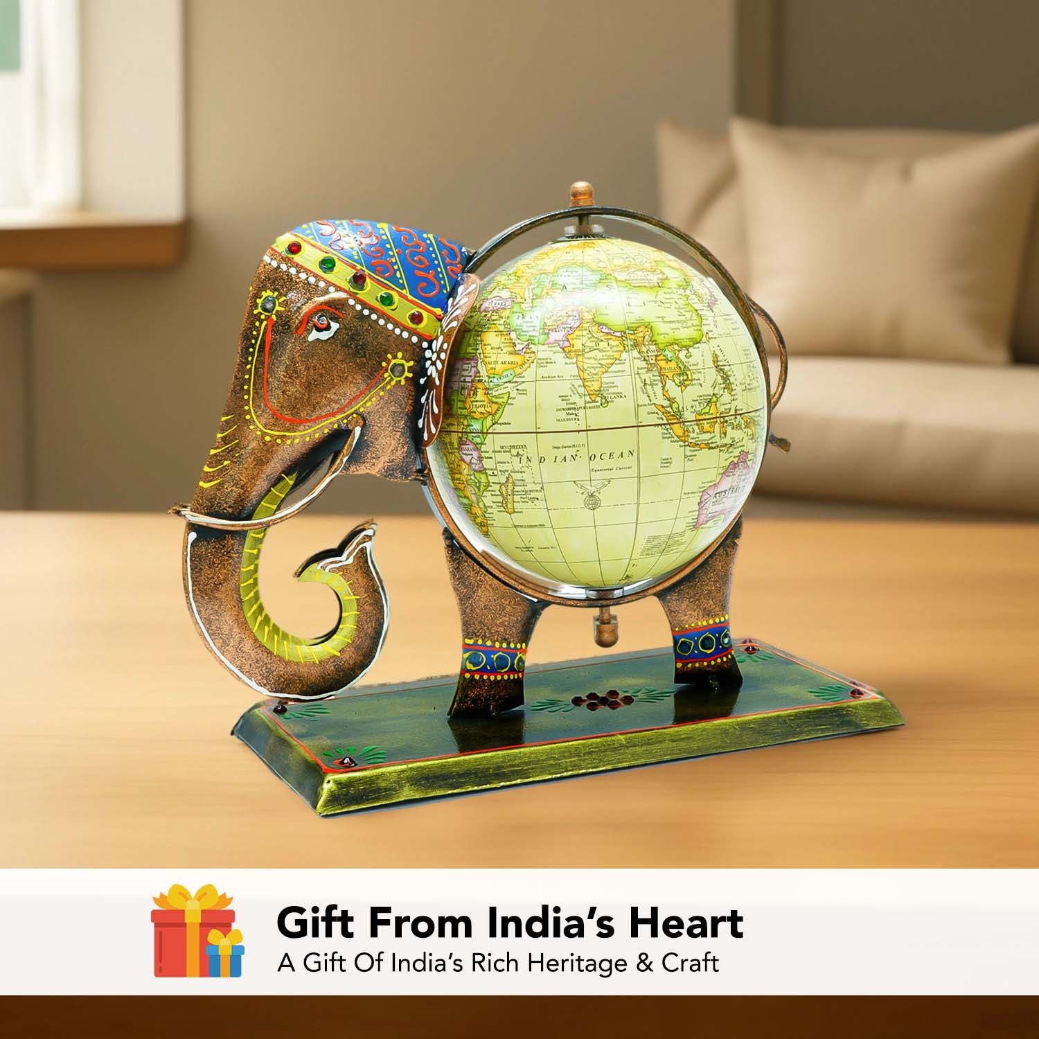 Metal Elephant Globe Showpiece for Office Desk & Home Decor