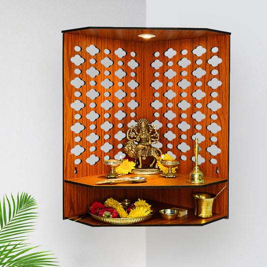 Ekhasa Wooden Pooja Mandir for Home Wall Mounted | Wooden God Temple for Home | Pooja Stand for Home | Puja Mandir for Home | Pooja Unit for Home with LED Spotlight | Corner Temple for Office