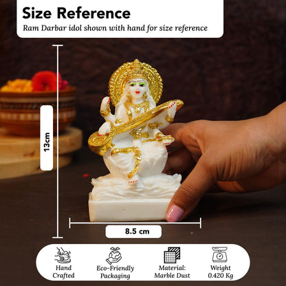 Ekhasa Aura Series Marble Dust Maa Saraswati Idol (5 inch) | Gold Plated Saraswati Maa Murti for Study Table, Pooja Room & Home Decor | Resin Saraswathi Devi Pital Idol | Saraswati Statue for Gifting