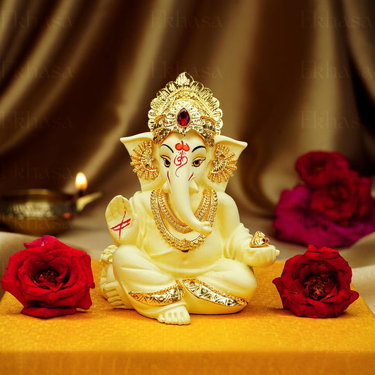 Ekhasa Ganesh Idol for Car Dashboard | Ganpati Idol for Cars | Vinayak Idols for Car Dashboard, Home Decor | Ganapathi Idol for Home | Vinayagar Statue | Ganpati ji for Office Desk (Ivory)