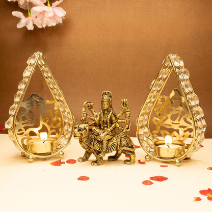 Ekhasa Pure Brass Durga Maa Idol & Tealight Candle Holder (12.8cm) | Durga MATA Murti for Home Decor, Puja Room | MATA Rani Murti for Office Desk | Maa Durga Idol for Gift | Sherawali Ma Idol (Combo)
