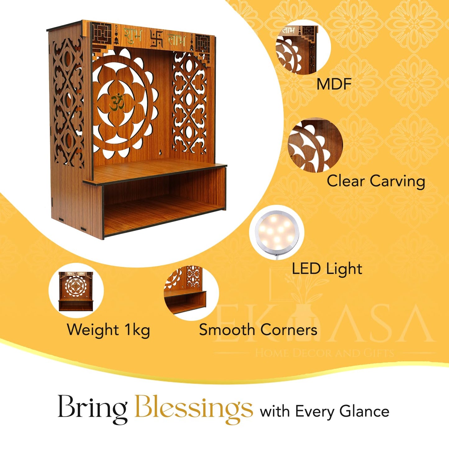 Ekhasa Wooden Pooja Mandir for Home Wall Mounted | Wooden God Temple for Home | Pooja Stand for Home | Puja Mandir for Home | Pooja Unit for Home with LED Spotlight | Temple for Office