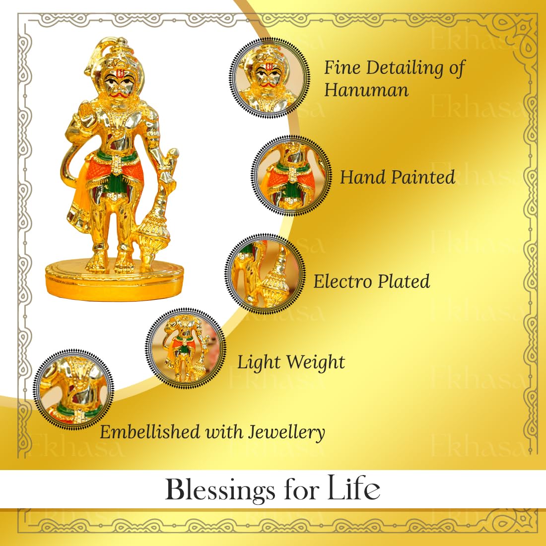 Ekhasa Hanuman Ji Murti for Home Puja (Size: 10 cm) | Lord Hanuman Idol for Desk, Car and Home Decor | Balaji Idol | Bajrangbali Murti | Bahubali Hanuman Idol