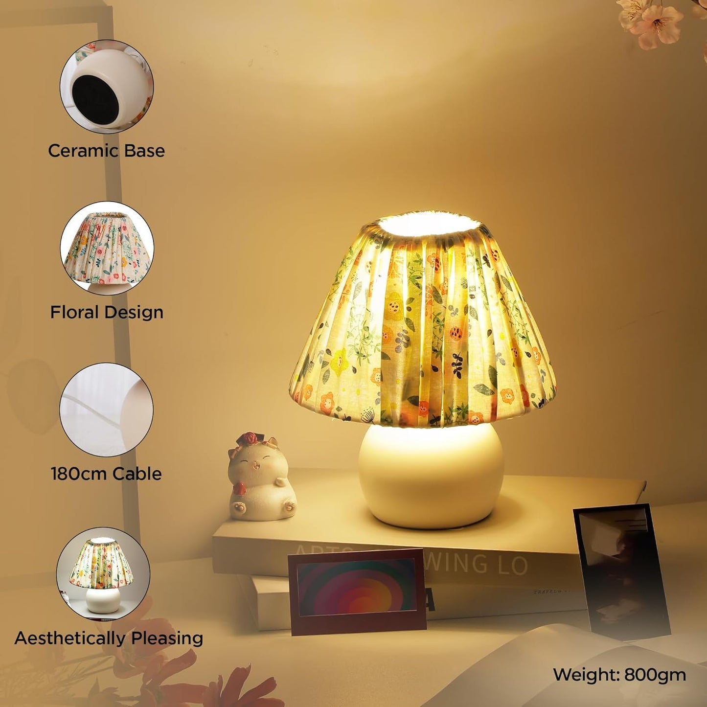 Ekhasa Ceramic Dimmable Bedside Lamp | Table Lamps for Home Decoration with Fabric Shade | Ceramic Base Side Table Lamp for Living Room | Bed Side Lamp | Aesthetic Night Bed Lamps for Bedroom