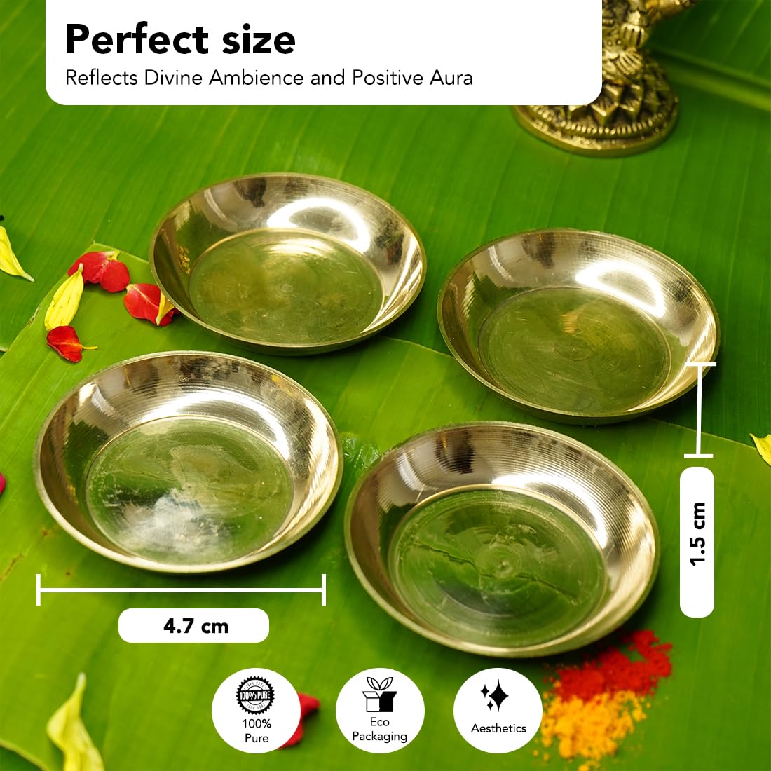 Ekhasa Pure Brass Thali for Pooja | Small Multipurpose Prasadam Plates for Pooja | Brass Plate for Prasad | Pooja Items Peetal Plate (Set of 4) | Pital Diya Roli Chawal Kumkum Thalis for Puja