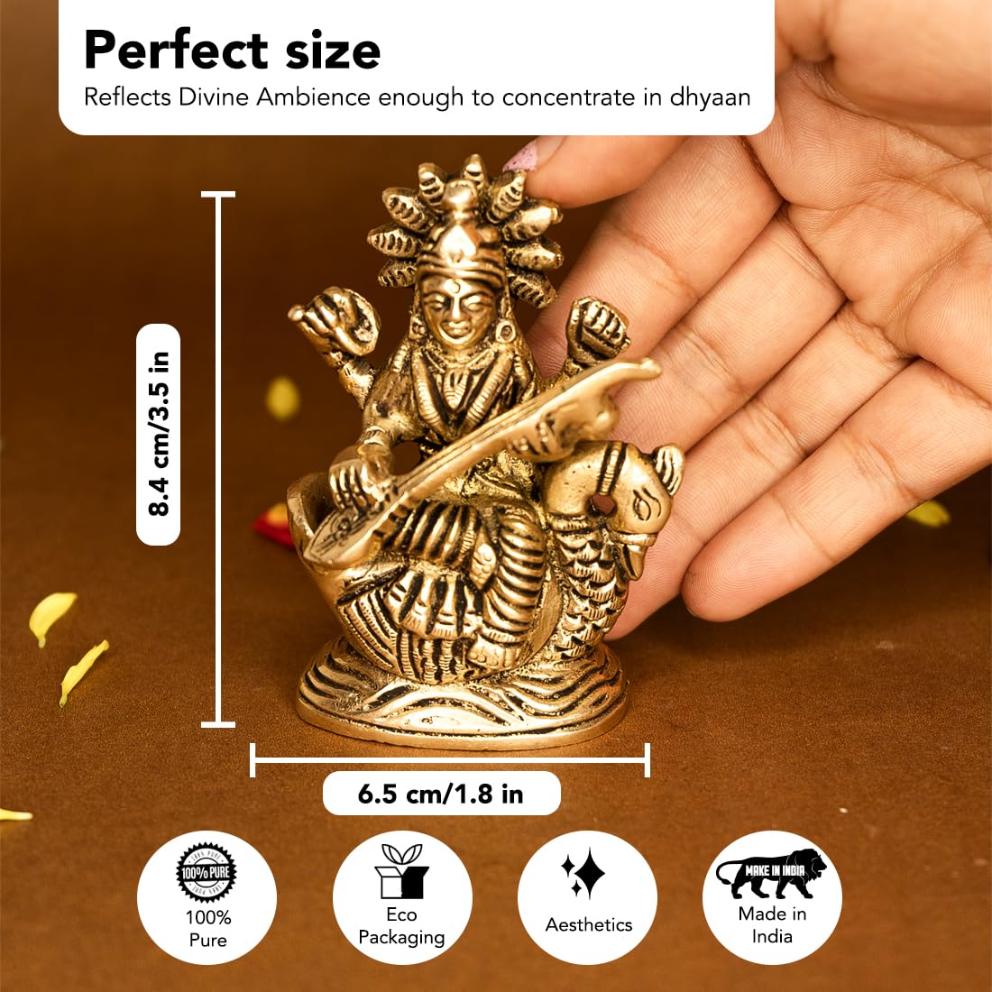 Ekhasa 100% Pure Brass Maa Saraswati Idol (Size: 8.4 cm) | Saraswati Maa Murti for Study Table, Car Dashboard, Pooja Room & Home Decor | Saraswathi Devi Pital Idol Small | Saraswati Statue for Gifting