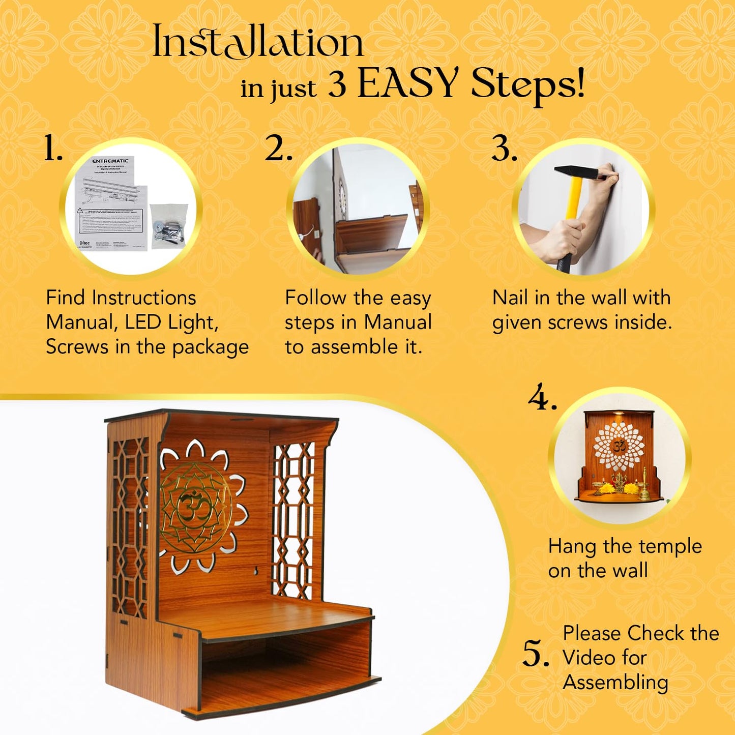 Ekhasa Wooden Pooja Mandir for Home Wall Mounted | Wooden God Temple for Home | Pooja Stand for Home | Puja Mandir for Home | Pooja Unit for Home with LED Spotlight | Temple for Office