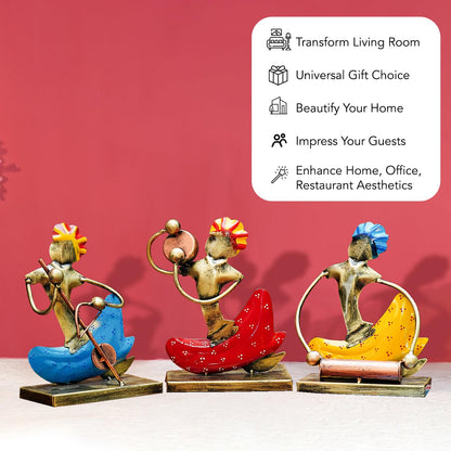 Ekhasa Metal Show Pieces for Home Decor | Gifts for Showcase, TV Unit Decoration | Statue, Figurines, Artifacts for Table, Living Room Decorative Items (Rajasthani Musicians - Set of 3)