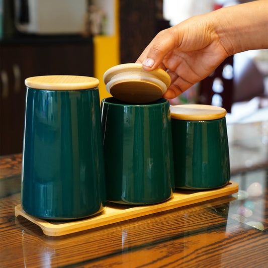 Ekhasa Ceramic Jar with Bamboo Lid & Tray for Multipurpose Kitchen Storage (Set of 3, Green, 850, 700, 500ml) | Airtight Container Storage Jar for Kitchen | Tea, Coffee, Sugar, Snacks, Salt Container