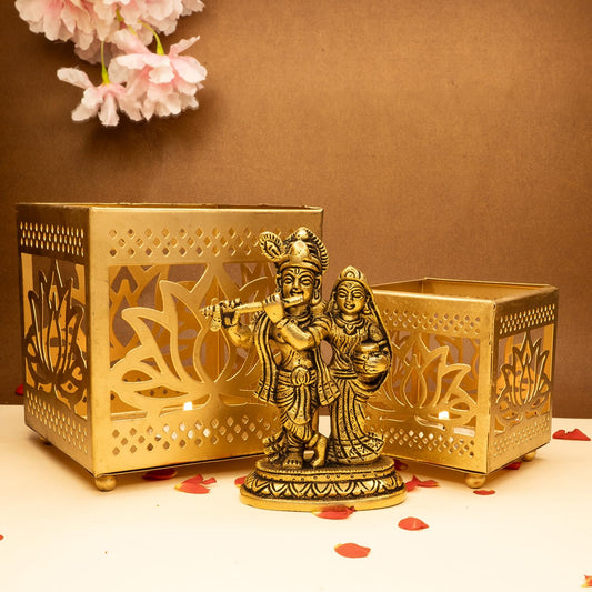 Ekhasa 100% Pure Brass Radha Krishna Murti & Lotus Tealight Candle Holder (12.8cm) | Radha Krishna Statue | Radha Krishna Idol for Gift | Radhe Krishna ki Murti for Pooja Room, Home Decor (Combo Set)