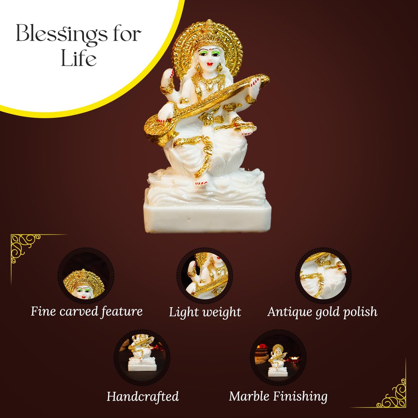 Ekhasa Aura Series Marble Dust Maa Saraswati Idol (5 inch) | Gold Plated Saraswati Maa Murti for Study Table, Pooja Room & Home Decor | Resin Saraswathi Devi Pital Idol | Saraswati Statue for Gifting