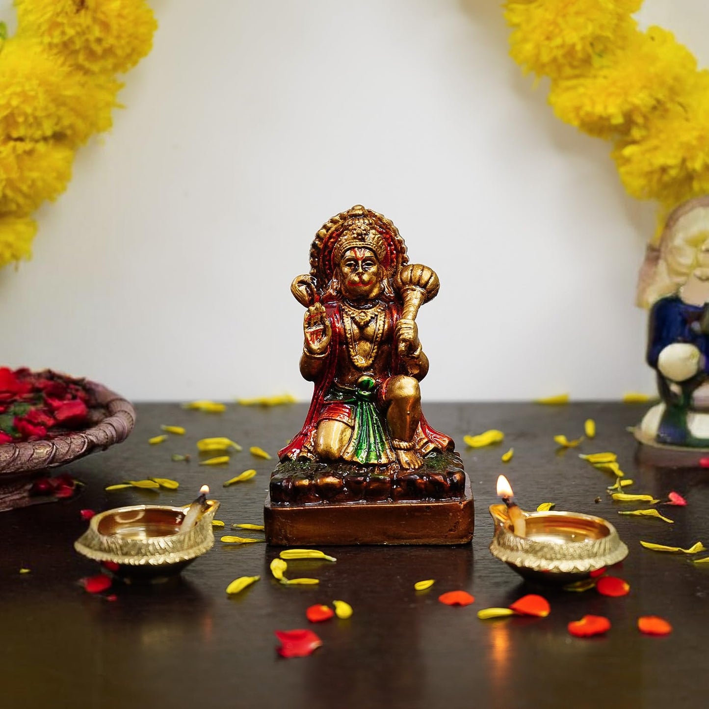 Ekhasa Aura Series Antique Gold Painted Hanuman Ji Murti (5 inch) | Marble Dust Lord Hanuman Idol for Home Decor | Resin Bajrangbali Murti for Puja Room | Bahubali Hanuman Idol with Gada for Gift