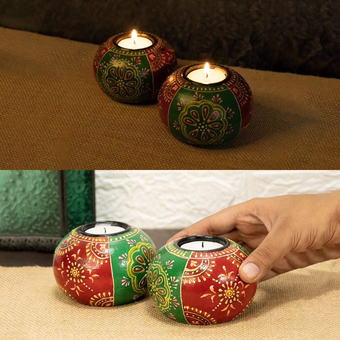 Ekhasa Tealight Candle Holder for Home Décor | Candle Stand for Diwali Decoration and Table Décor | Indoor and Outdoor Festival and Decorative Candles Gift Items (Handpainted Wooden - Set of 2)