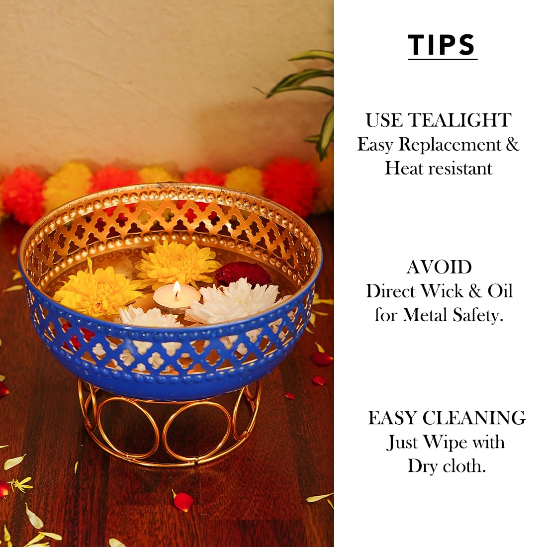 Ekhasa Blue Urli Bowl with Stand for Home Decor & Table Decoration | Floating Flowers, Tealight Candles Water Bowl for Diwali Pooja & Other Festivals | Gift for Various Occasions