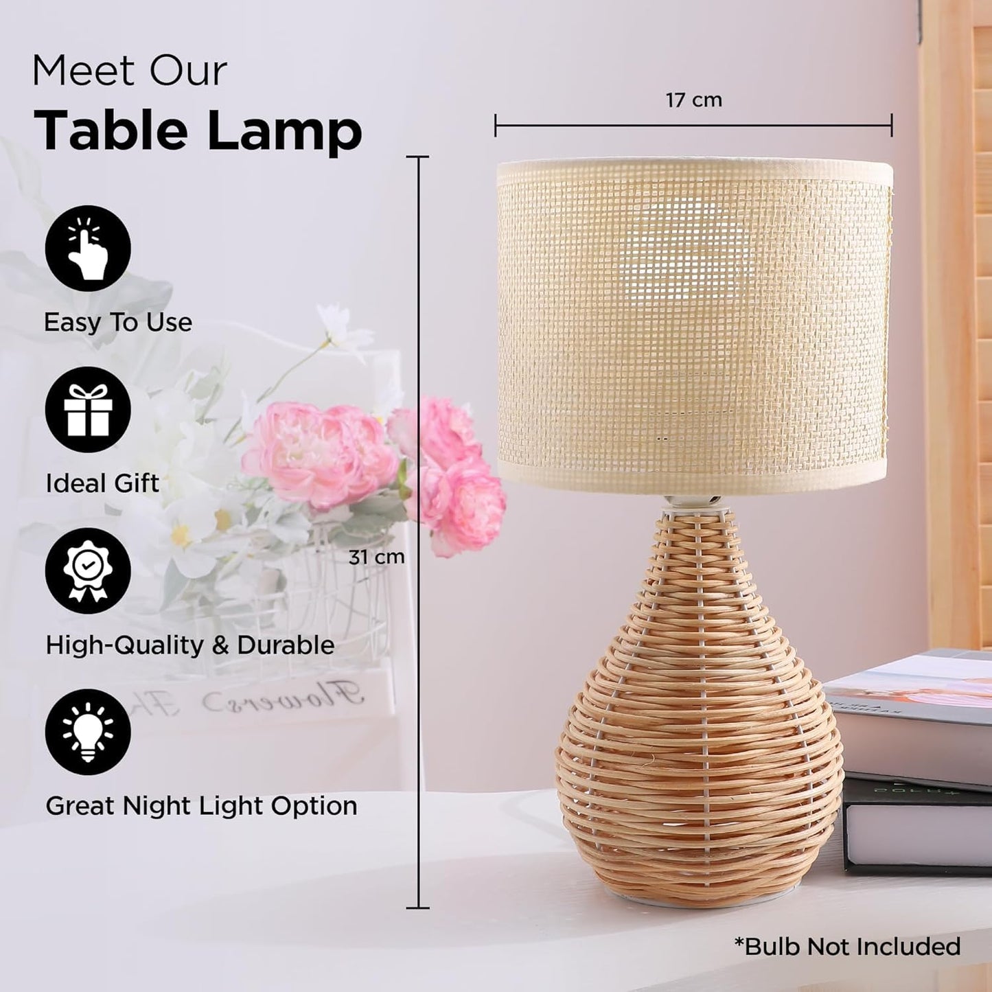 Ekhasa Rattan Bedside Lamp | Table Lamps for Home Decoration with Linen Shade | Rattan Base Side Table Lamp for Living Room | Bed Side Lamp | Aesthetic Night Bed Lamps for Bedroom