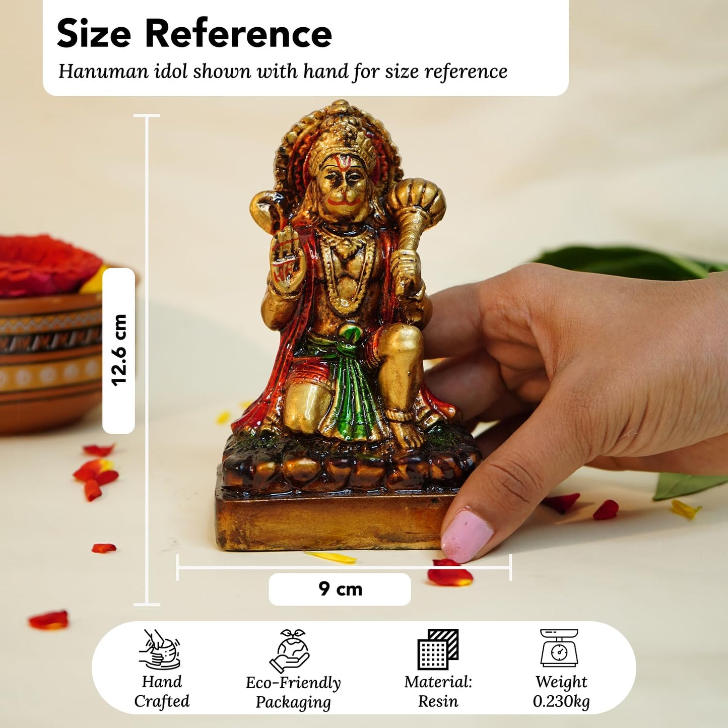 Ekhasa Aura Series Antique Gold Painted Hanuman Ji Murti (5 inch) | Marble Dust Lord Hanuman Idol for Home Decor | Resin Bajrangbali Murti for Puja Room | Bahubali Hanuman Idol with Gada for Gift