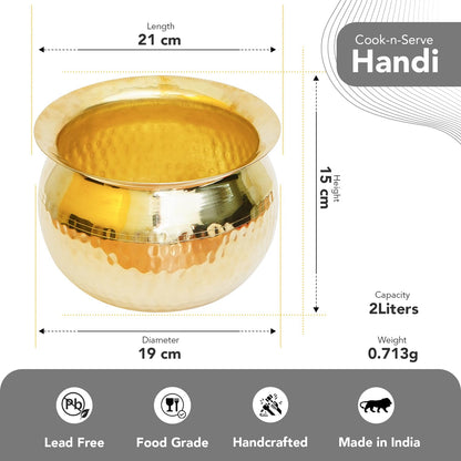 Ekhasa 100% Pure Brass Heavy Weight Biryani Handi for Cooking & Serving (2 L water capacity) | Biryani Pot or Pongal Pot or Lagan Handi for Home Kitchen, Hotel or Restaurant | Pital Handi for Cooking