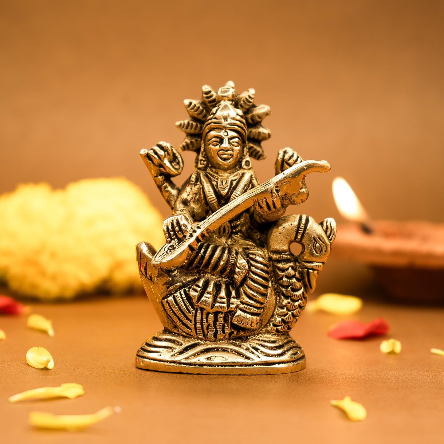 Ekhasa 100% Pure Brass Maa Saraswati Idol (Size: 8.4 cm) | Saraswati Maa Murti for Study Table, Car Dashboard, Pooja Room & Home Decor | Saraswathi Devi Pital Idol Small | Saraswati Statue for Gifting