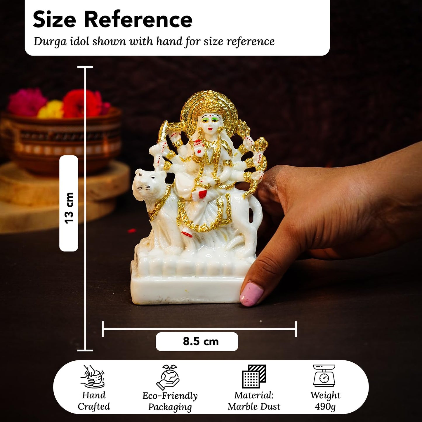 Ekhasa Aura Series Marble Dust Durga Maa Idol (5 inch) | Gold Plated Durga MATA Murti for Home Decor, Puja | Resin MATA Rani Murti for Office Desk | Maa Durga Murti for Gift | Sherawali MATA Murti