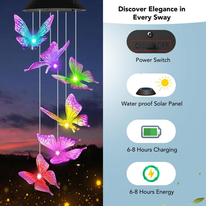 Ekhasa Solar Butterfly Wind Chimes | Solar Powered WindChime for Balcony, Outdoor & Garden Magical Solar Power Positive Vibes WindChimes Lights (Light Colour Changes, No Sound)