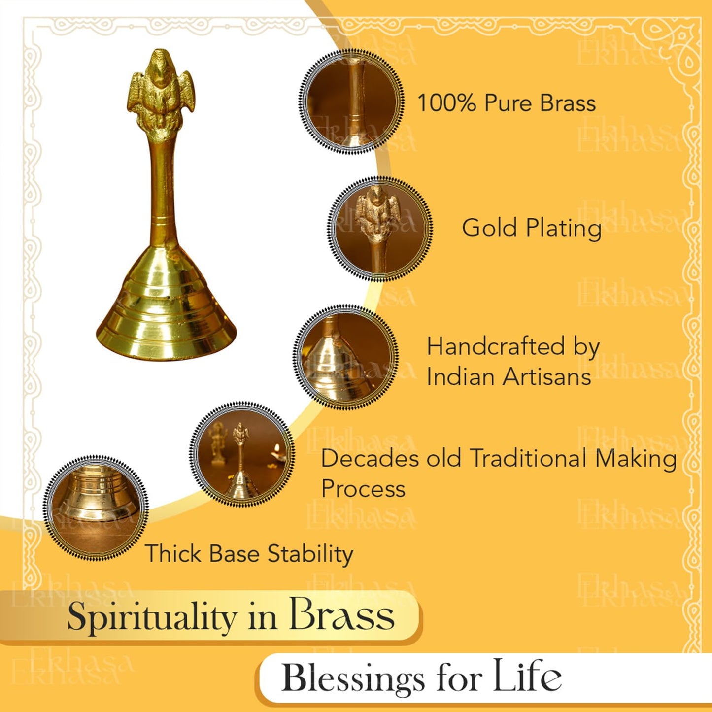 Ekhasa 100% Pure Brass Garuda Ghanti for Pooja | Handcrafted Pooja Bell for Mandir | Pooja Ghanti for Home | Mandir Ghanti for Pooja | Ganti for Pooja | Puja Ghanti for Home (Size: 4 inch)