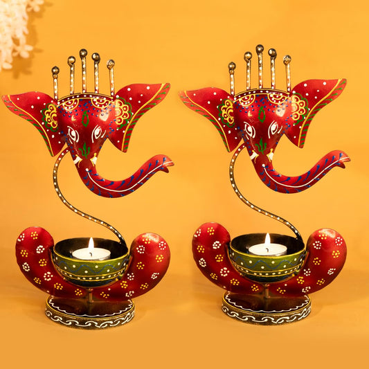 Ekhasa Handpainted Ganesha Metal Tealight Candle Holder for Home Decor | Perfect Candle Stand for Diwali Decoration and Table D??cor | Festival & Parties Decorative Candles Gift Items (Set of 2).