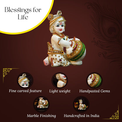 Ekhasa Aura Series Marble Dust Bal Gopal Murti (8 inch, Medium Size) | Gemstone Zircon Studded Laddu Gopal Murti for Pooja | Resin Baby Krishna Idol for Home | Sri Krishna Idols for Gift